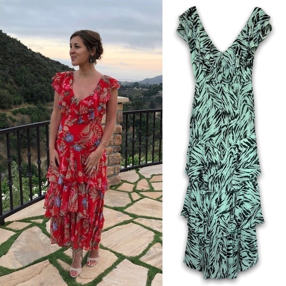 NEW WAYF Maxi Dress Ruffle Tier Flutter Sleeve Animal Print Summer Wedding Sz XS - Picture 4 of 9